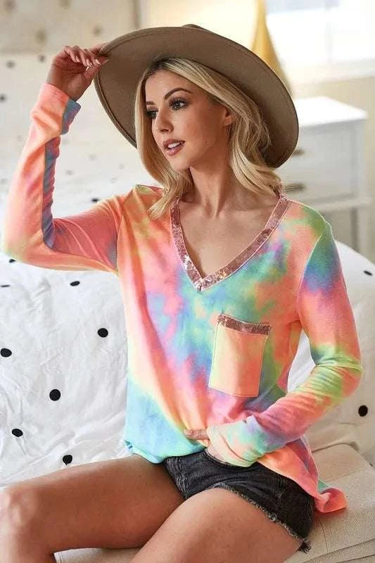 BiBi Tie Dye V-neck Terry Knit Top With Sequins WESTCLOSET