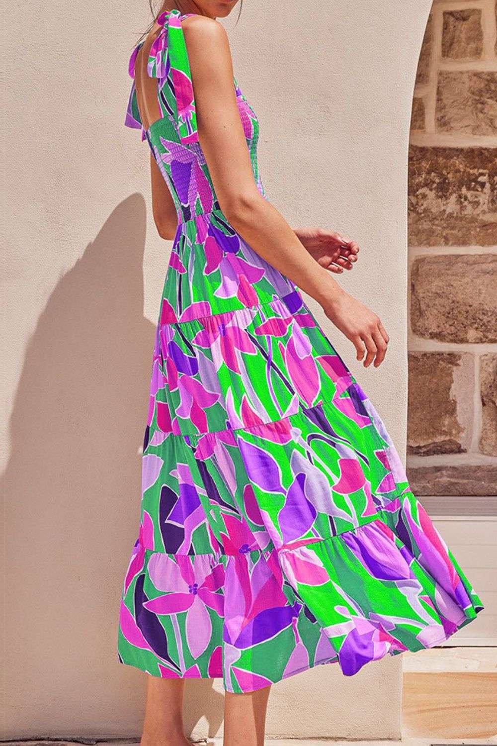 Floral Tie-Shoulder Smocked Midi Dress WESTCLOSET
