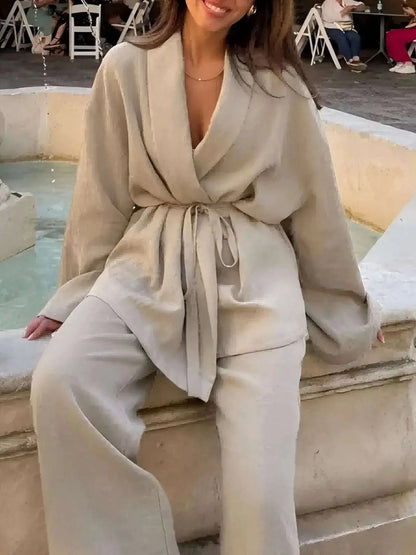 Plus Size Belt Long Sleeve Blazer and Pants Set WESTCLOSET