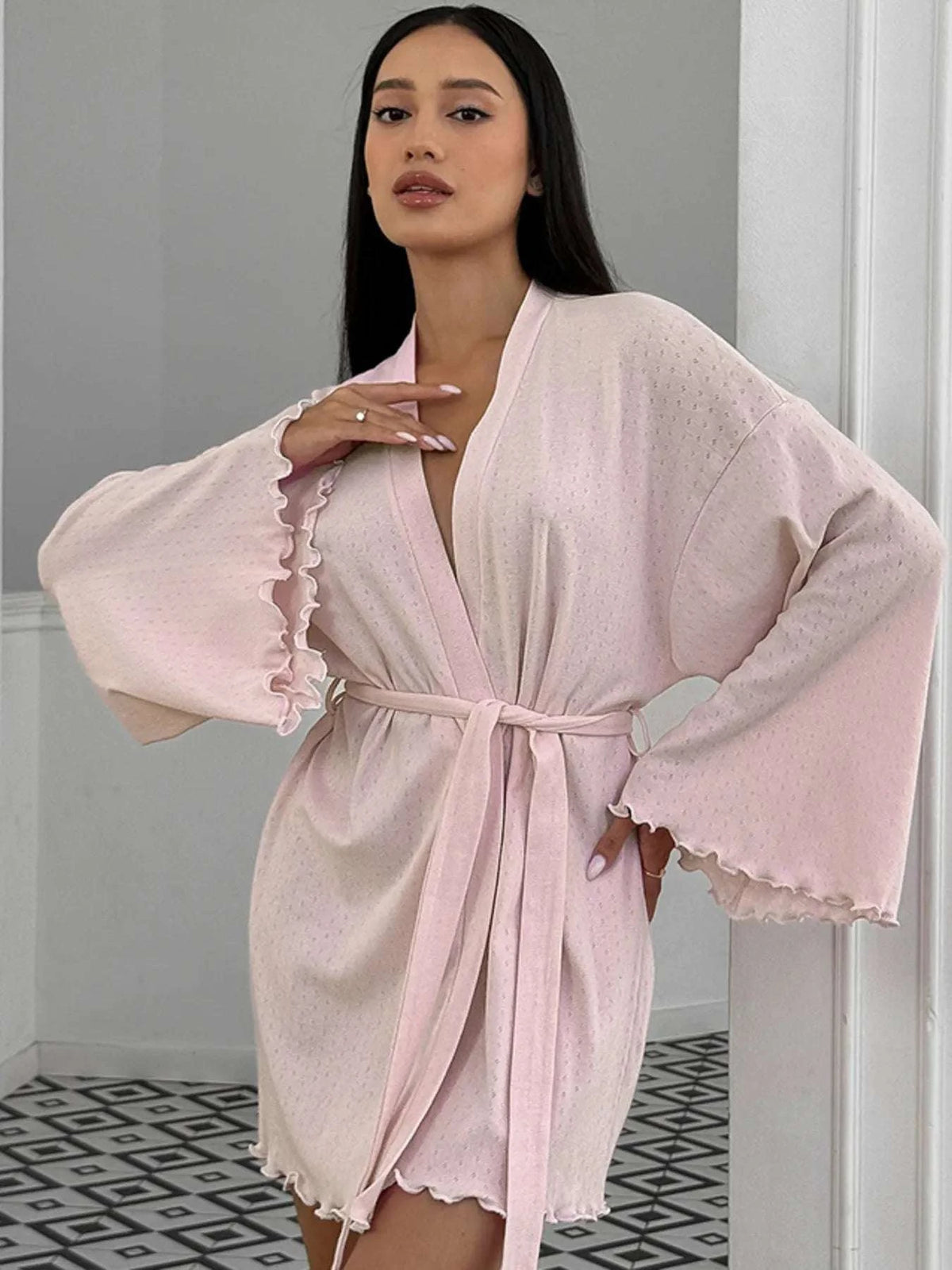 Tie Waist Kimono Sleeve Lounge Nightgown WESTCLOSET