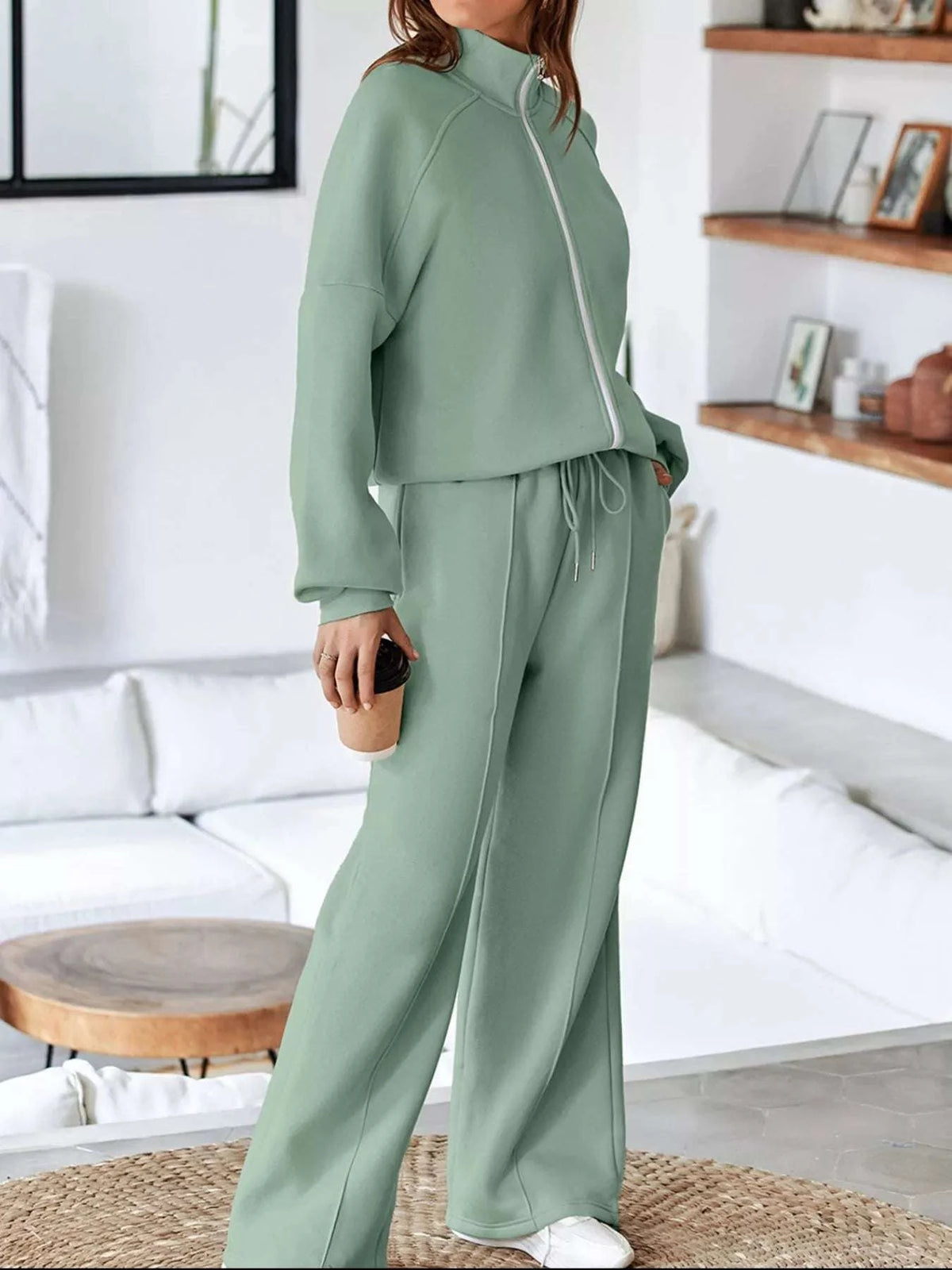 Drop Shoulder Zip Up Jacket and Drawstring Pants Active 2pcs Set WESTCLOSET