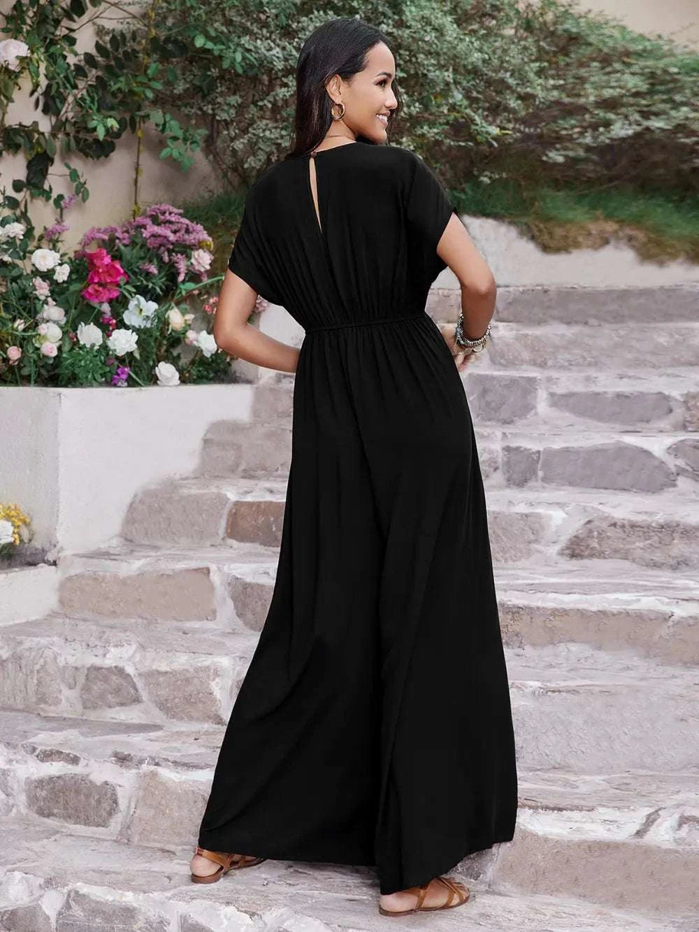 Embroidered Ruched Short Sleeve Jumpsuit WESTCLOSET