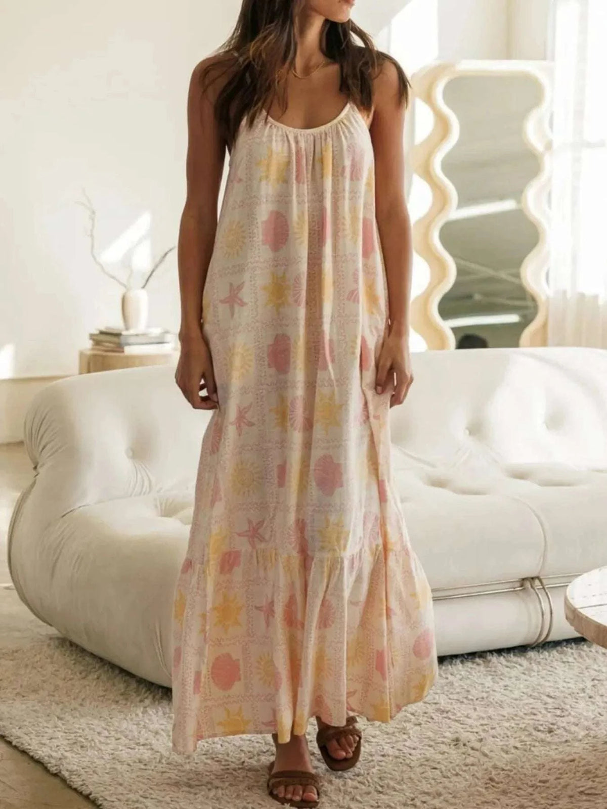 Printed Maxi Lounge Dress with Ruffled Hem WESTCLOSET