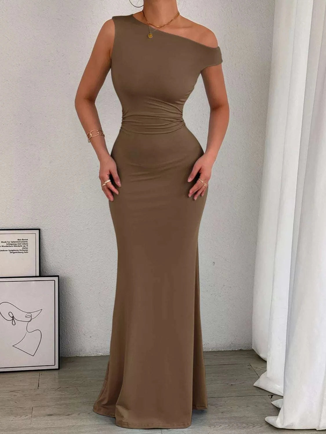 One-Shoulder Ruched Bodycon Maxi Dress WESTCLOSET