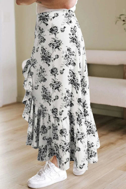 Boho Floral High Waist Ruffle Split Maxi Skirt WESTCLOSET