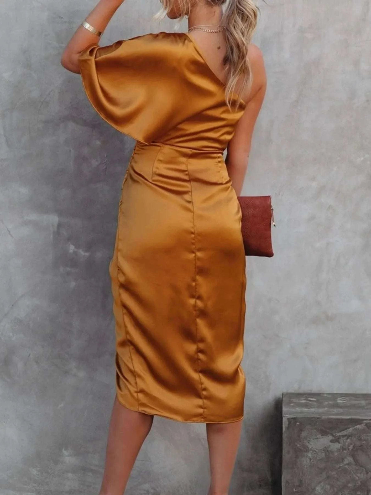 One-Shoulder Satin Wrap Dress with Side Slit WESTCLOSET