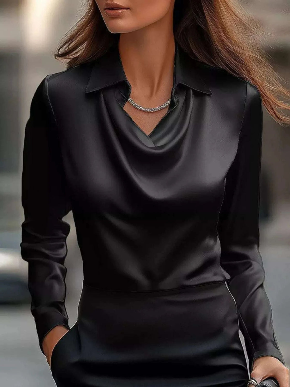 Full Size Satin Cowl Neck Long Sleeve Blouse Plus Size WESTCLOSET