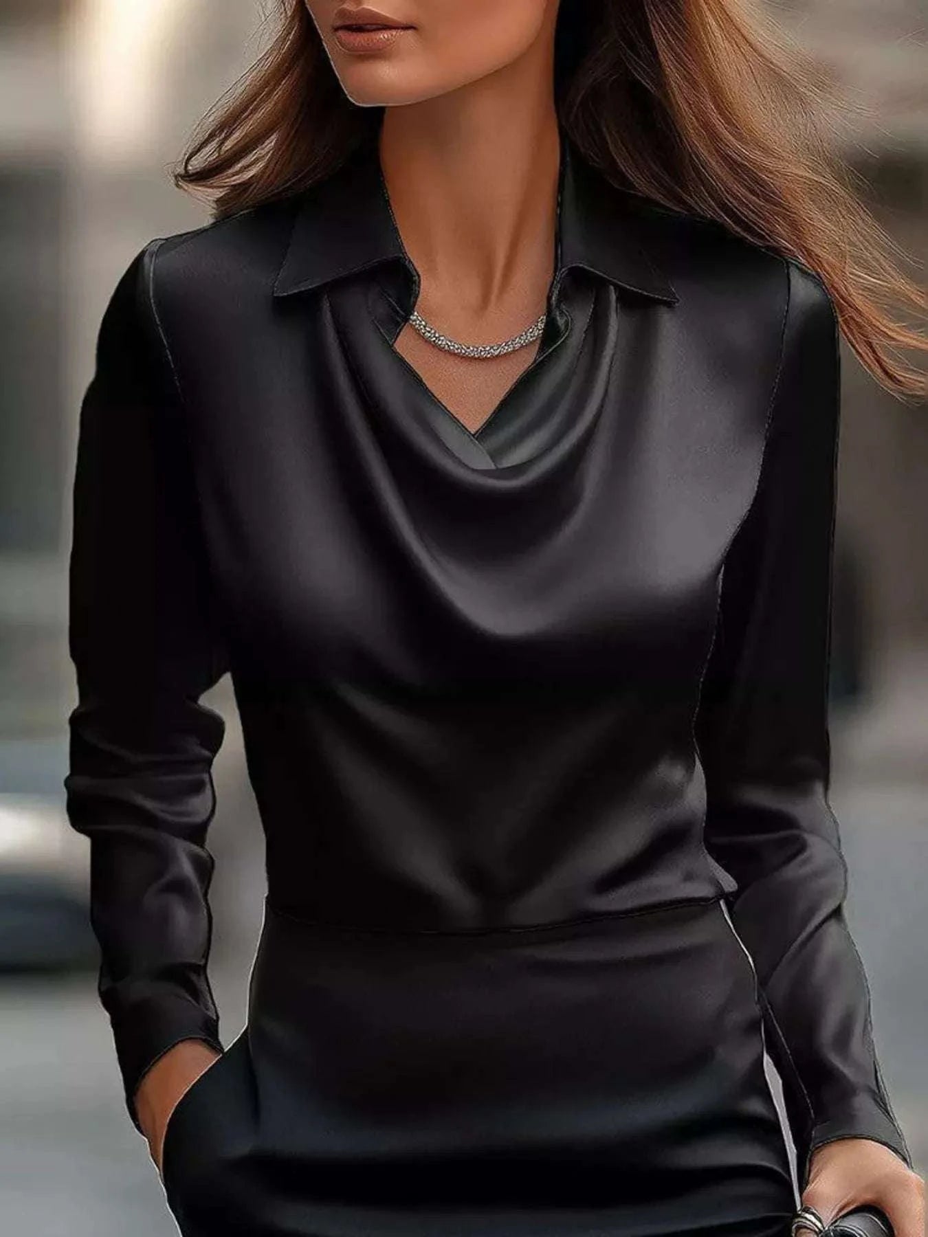 Full Size Satin Cowl Neck Long Sleeve Blouse Plus Size WESTCLOSET
