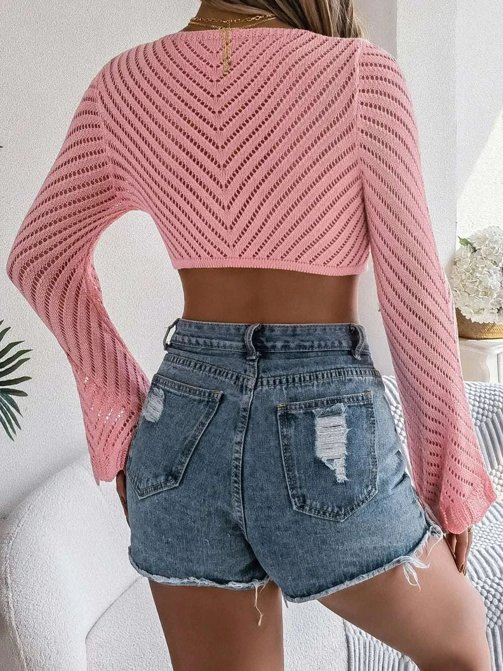 Openwork Tied Long Sleeve Knit Cover Up WESTCLOSET