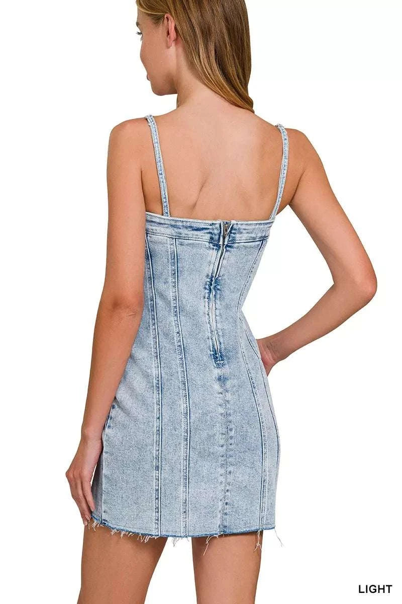Zenana Spaghetti Strap Exposed Seam Light-Wash Dress WESTCLOSET