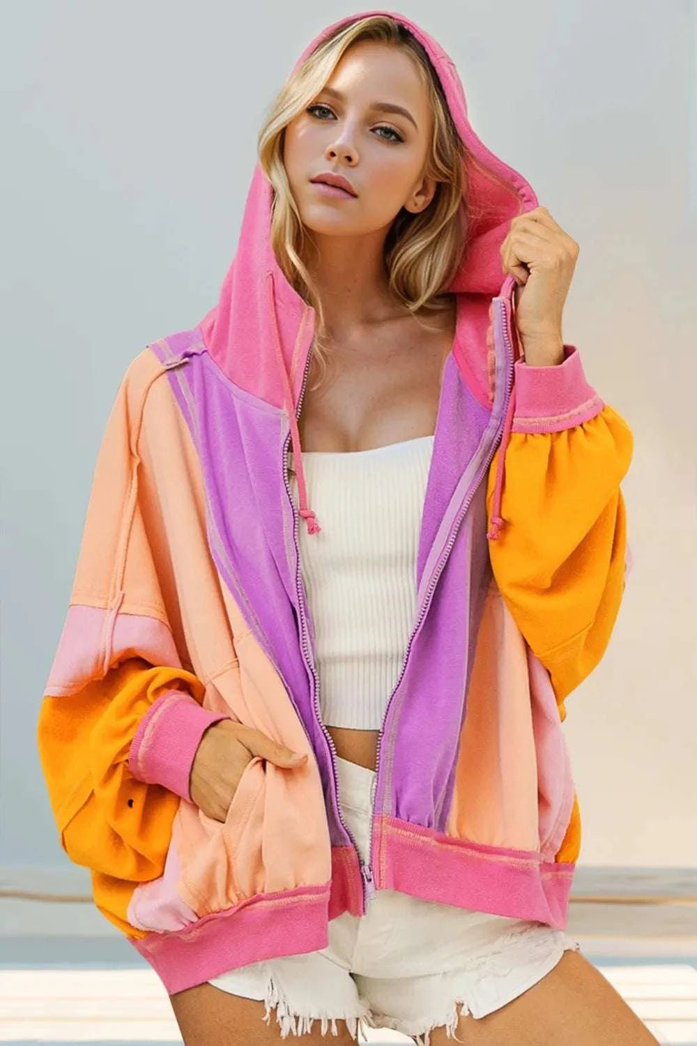 Double Take Full Size Color Block Zip Up Hoodie WESTCLOSET