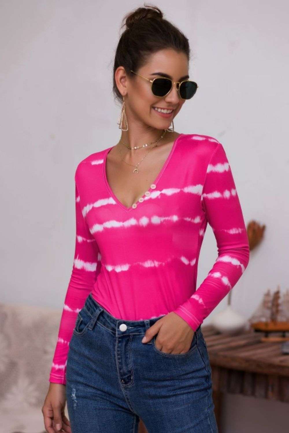 Tie-Dye Plunge Long Sleeve Top WESTCLOSET