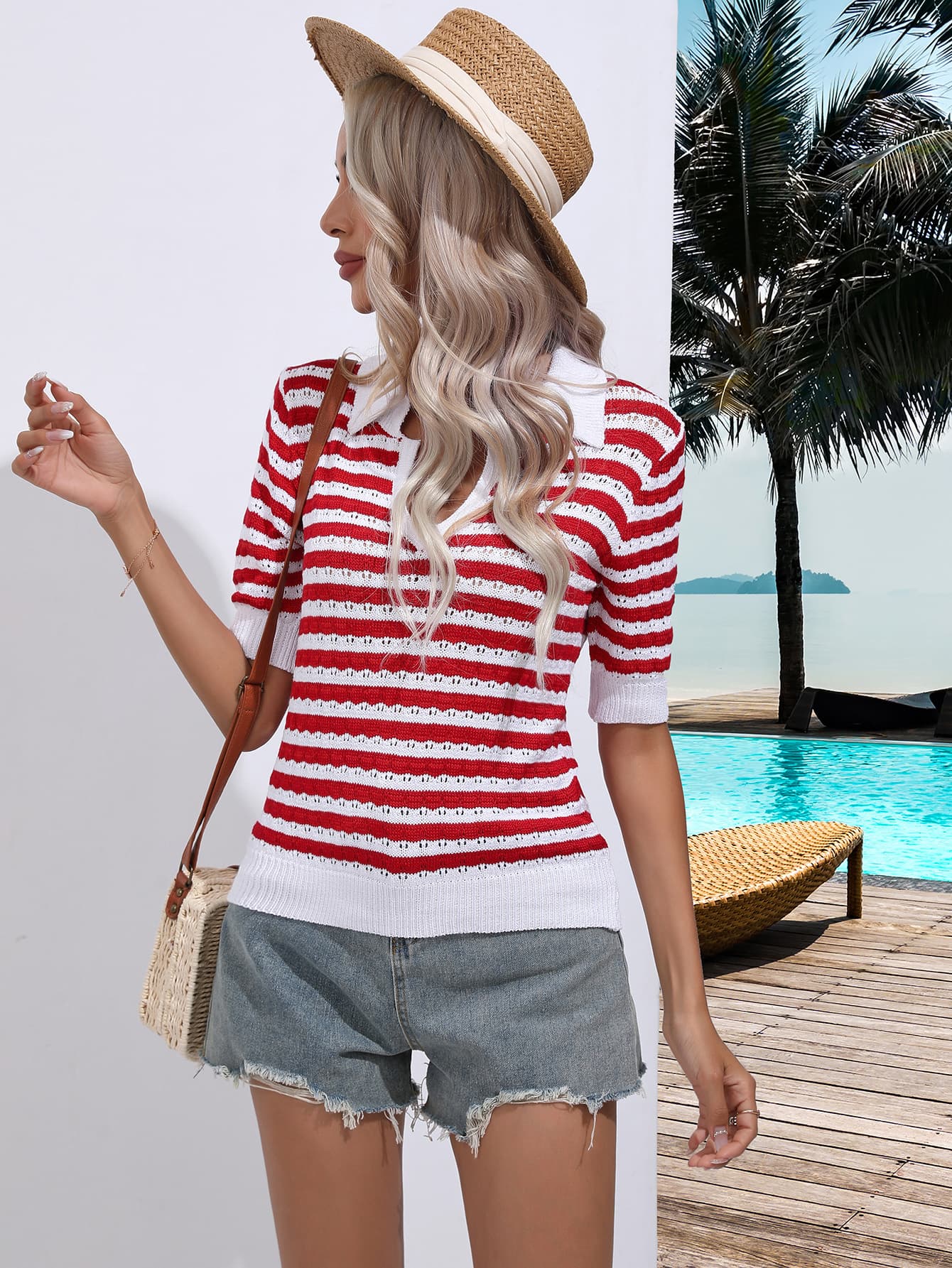 Striped Johnny Collar Half Sleeve Knit Top | WESTCLOSET