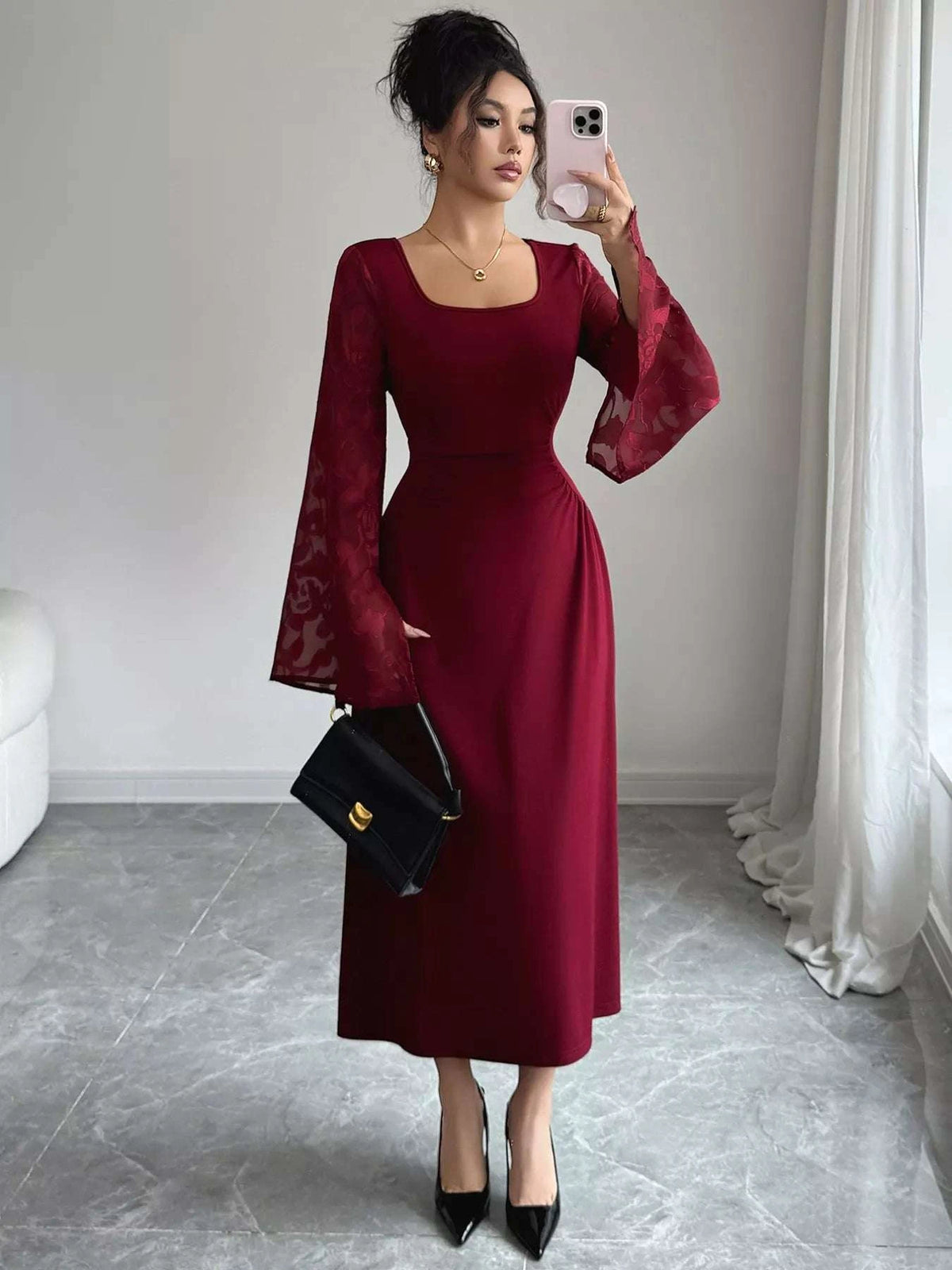 Square Neck Flare Sleeve Midi Dress WESTCLOSET