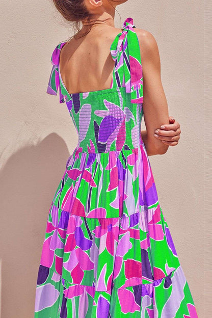 Floral Tie-Shoulder Smocked Midi Dress WESTCLOSET