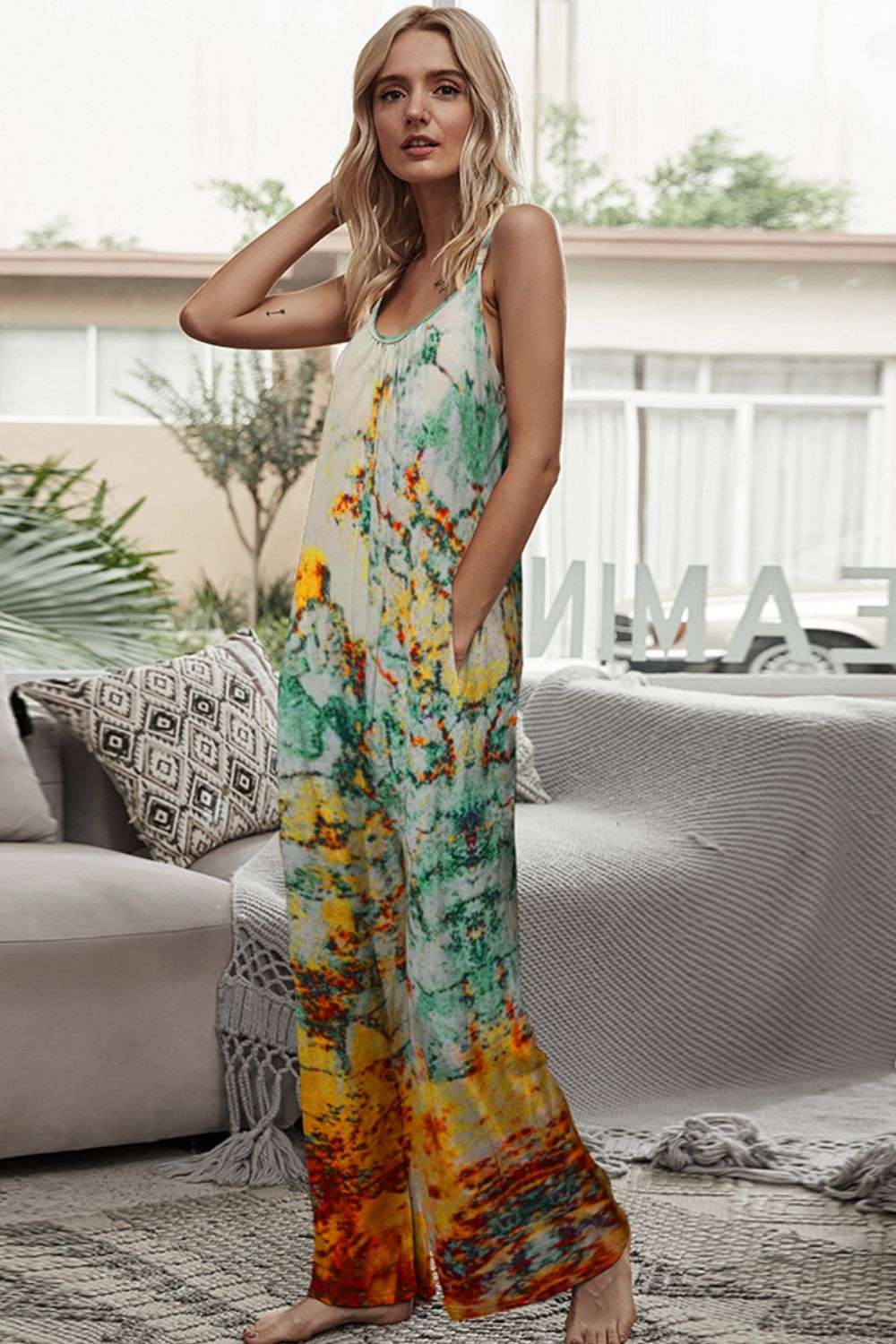 Shiny Tie-Dye Spaghetti Strap Jumpsuit with Pockets WESTCLOSET
