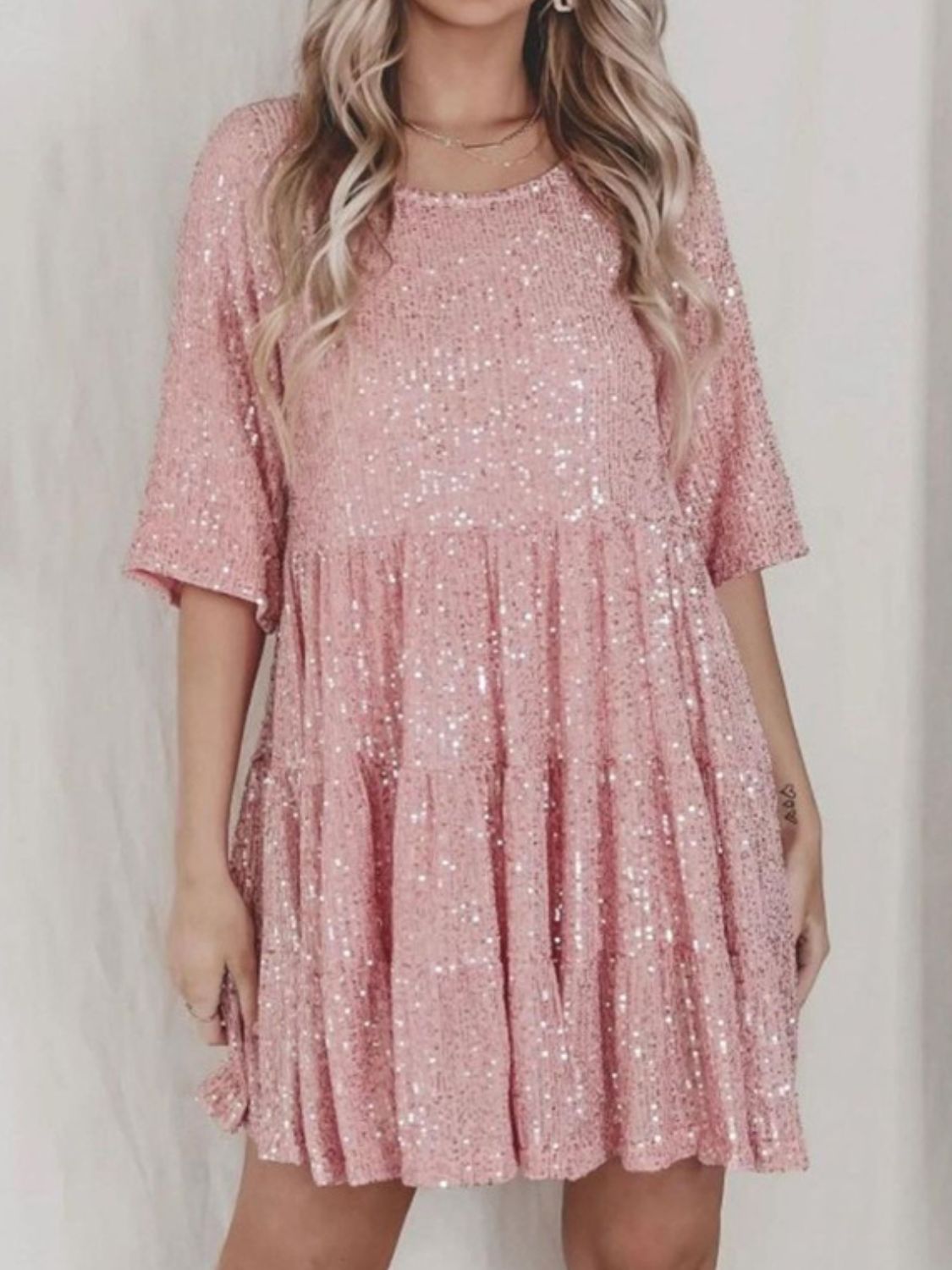 WestCloset Sequin Round Neck Half Sleeve Mini Dress 