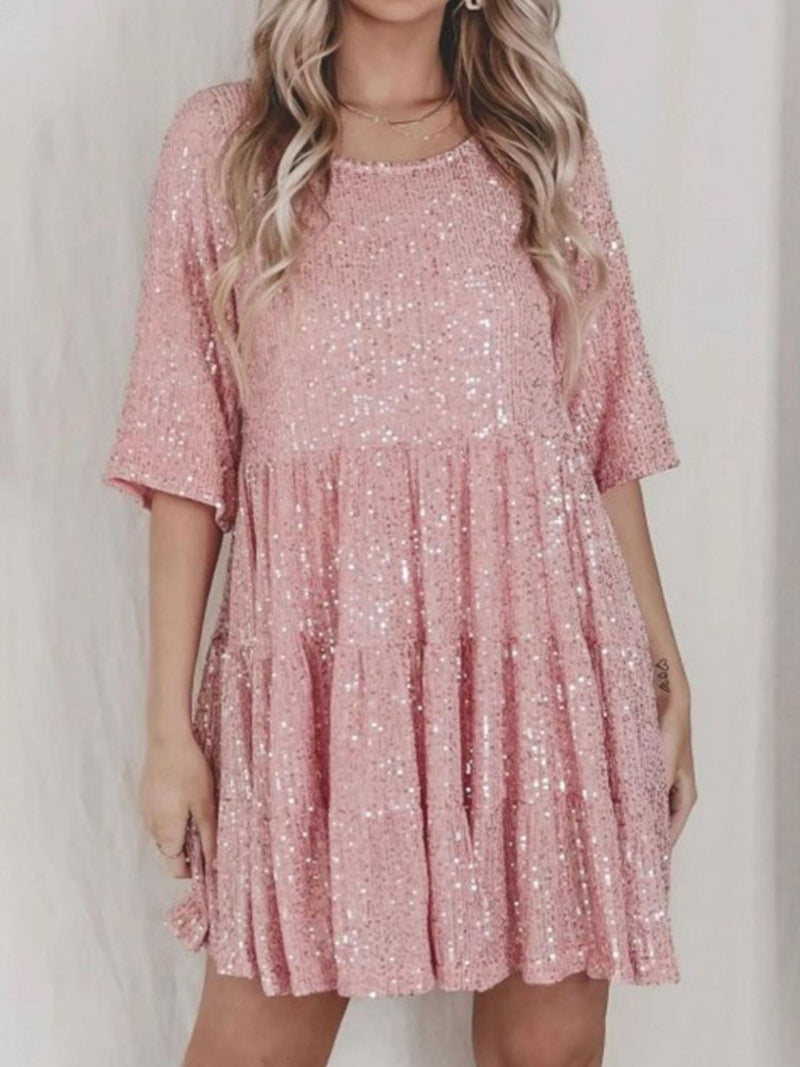 WestCloset Sequin Round Neck Half Sleeve Mini Dress 