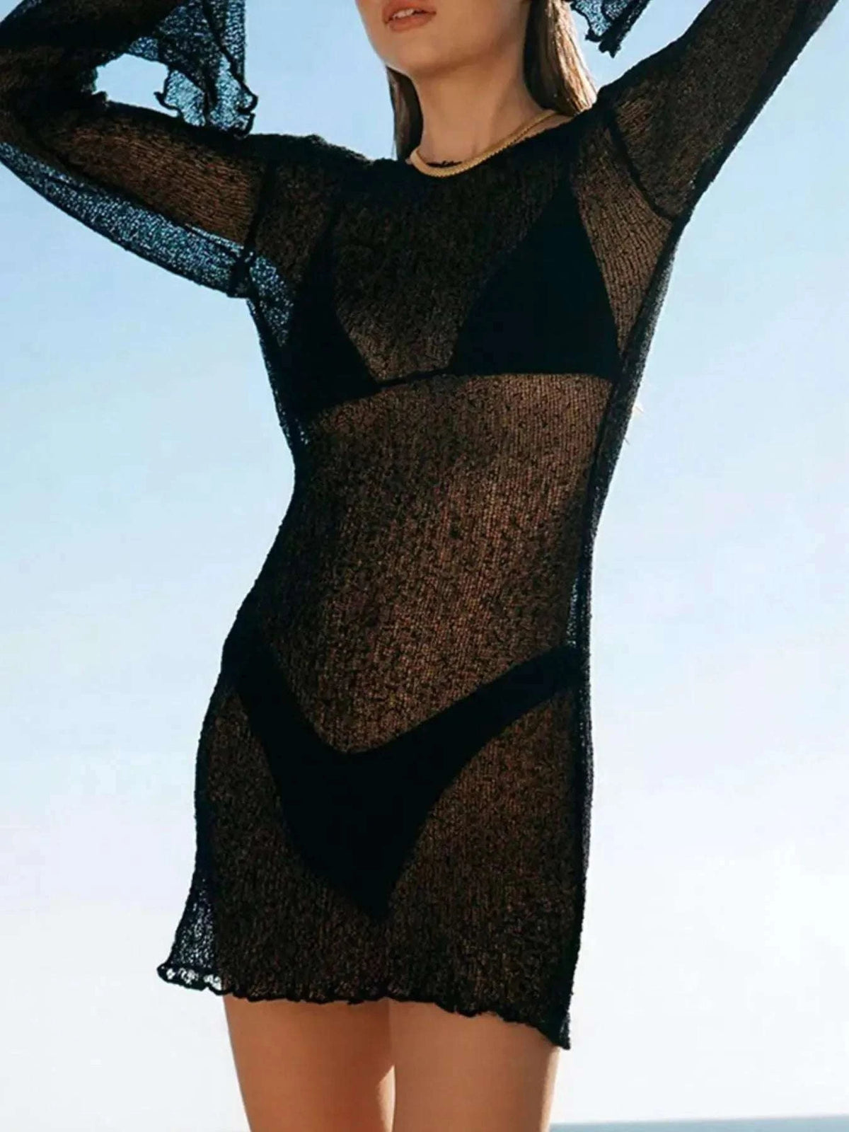 Sheer Backless Long Sleeve Mini Cover-Up Dress WESTCLOSET