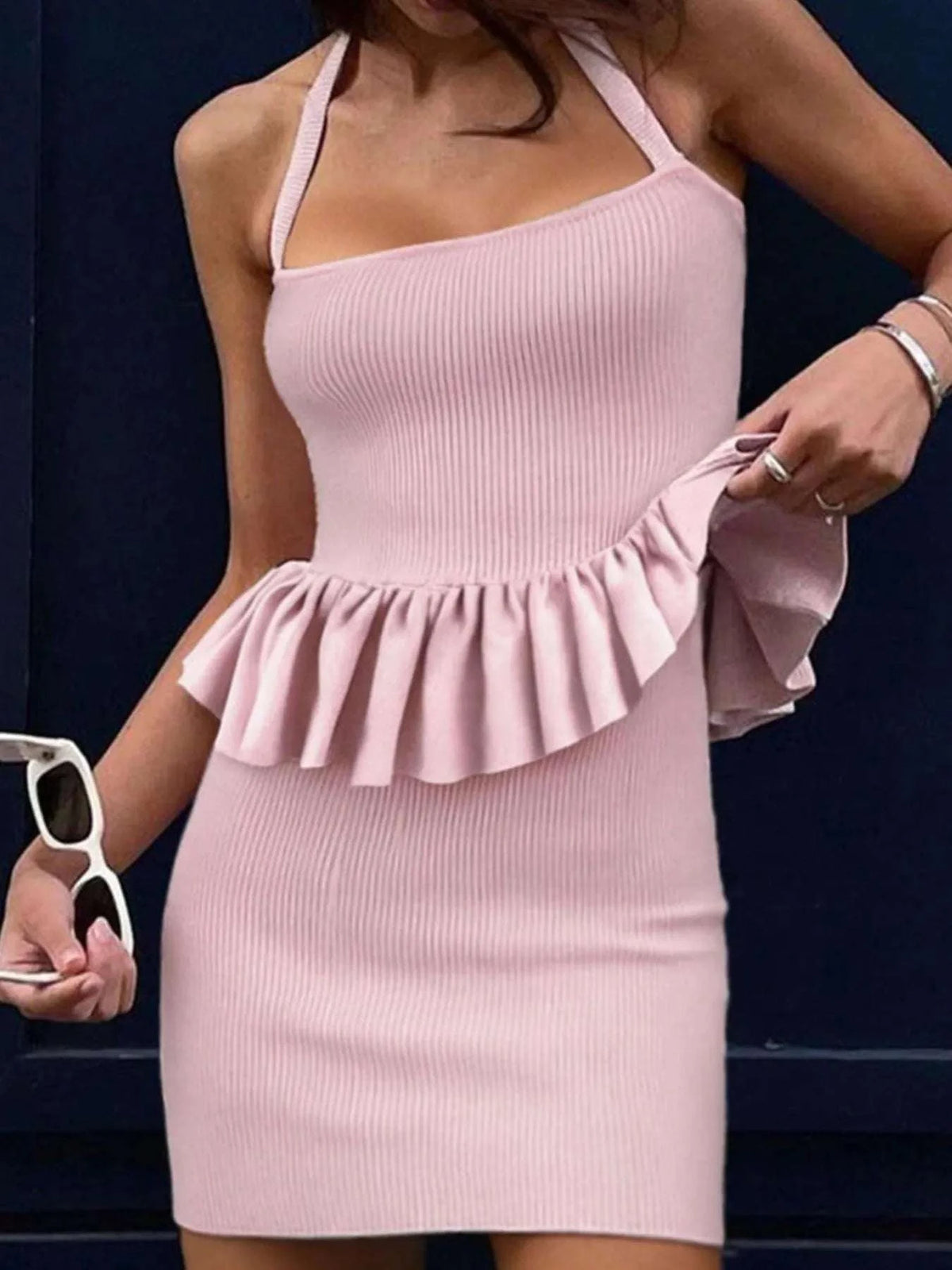 Ribbed Halter Neck Peplum Mini Dress WESTCLOSET