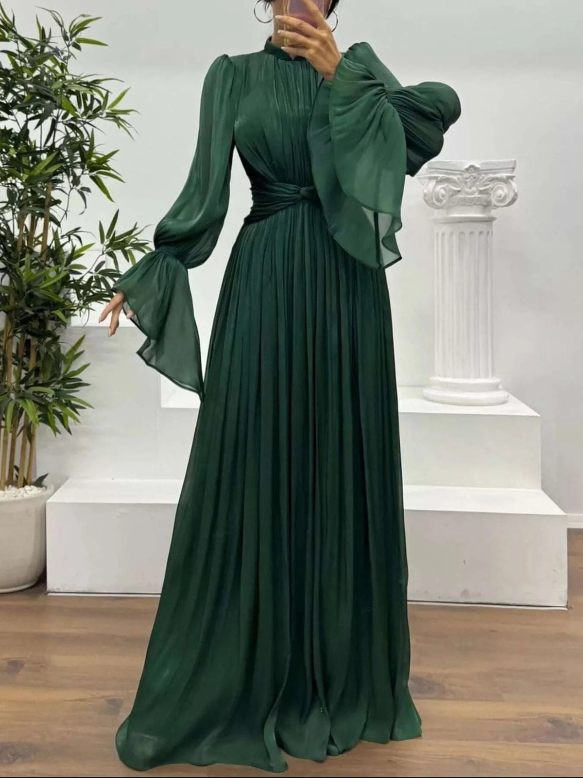 Pleated Mock Neck Long Sleeve Maxi Dress WESTCLOSET