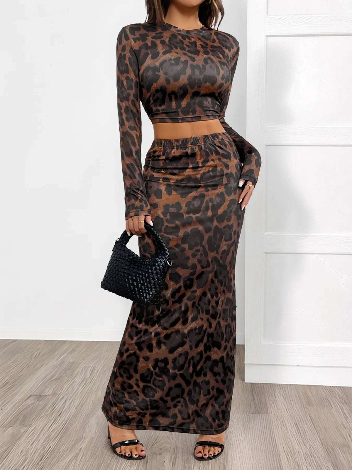 Leopard Round Neck Top and Skirt Set WESTCLOSET