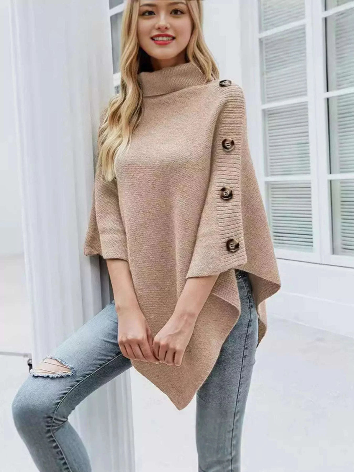 Button-Decor Turtleneck Poncho Pullover WESTCLOSET
