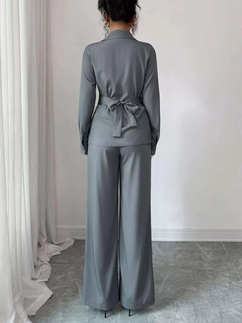 Back Tie Wrap Blazer and Wide Leg Pants Set WESTCLOSET