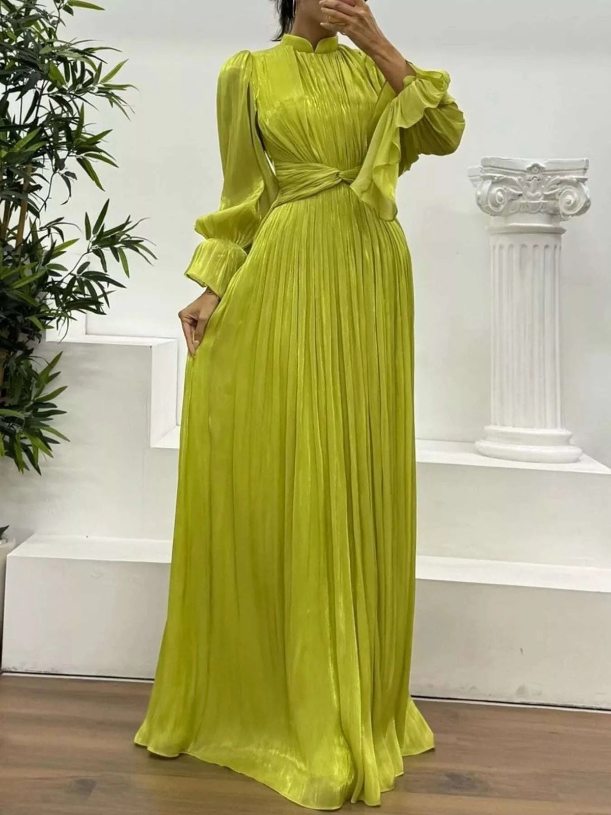 Pleated Mock Neck Long Sleeve Maxi Dress WESTCLOSET