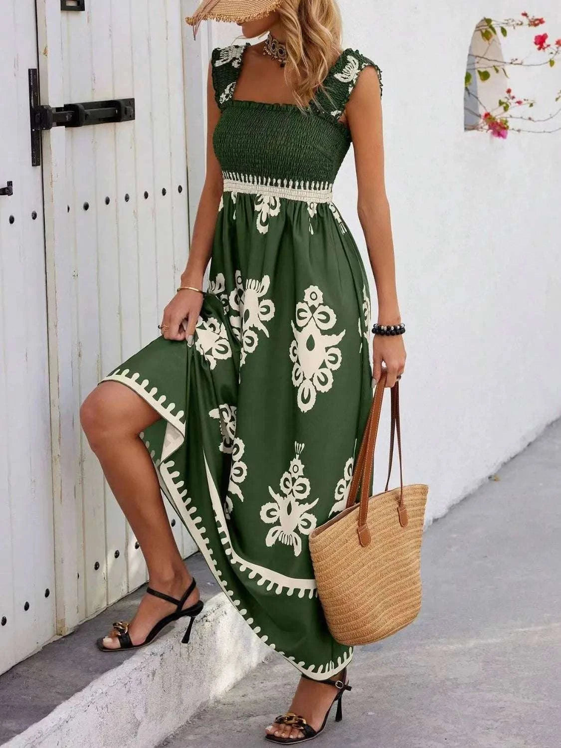 Smocked Printed Wide Strap Maxi Dress WESTCLOSET