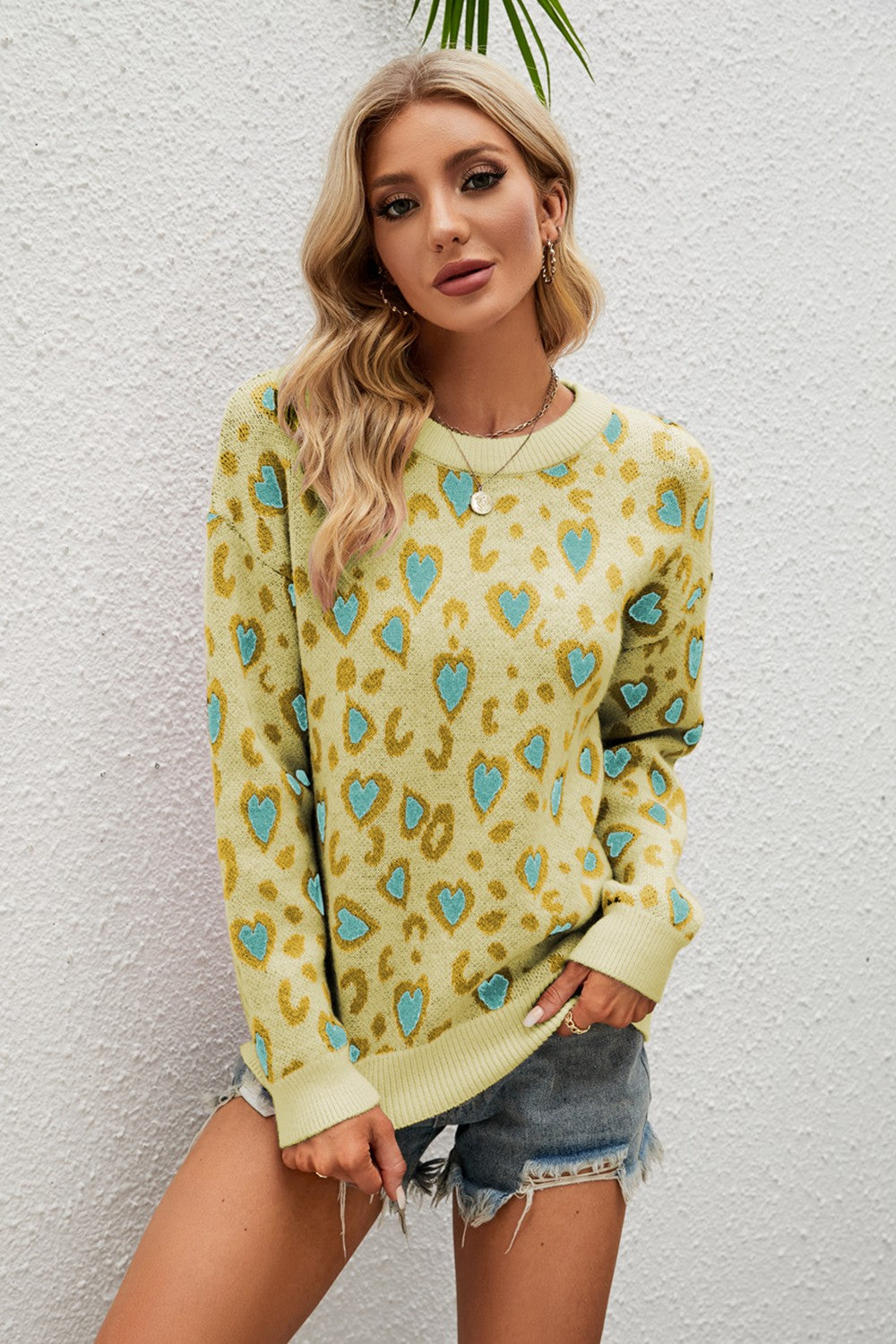 WestCloset Heart Round Neck Dropped Shoulder Sweater 