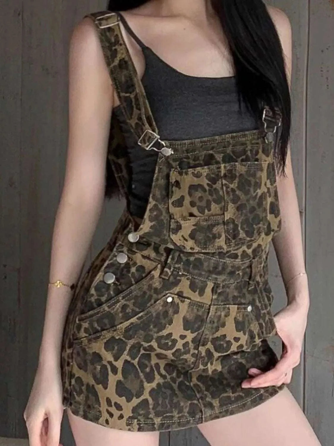 Leopard Print Denim Overall Dress WESTCLOSET