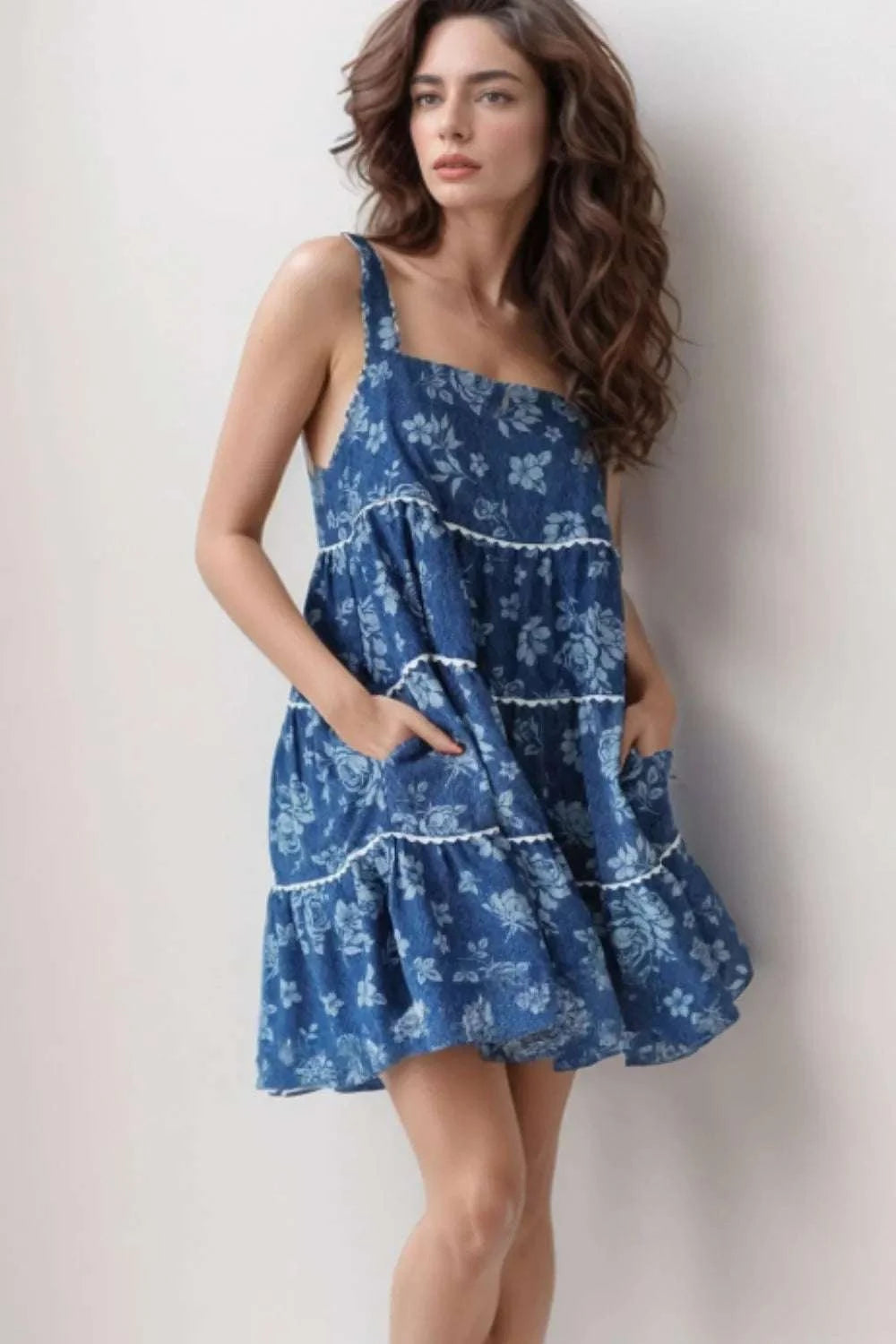 Floral Tiered Square Neck Denim Dress WESTCLOSET