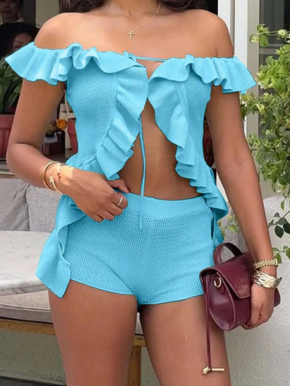 Off-Shoulder Ruffle Top and Shorts Sweater Set WESTCLOSET