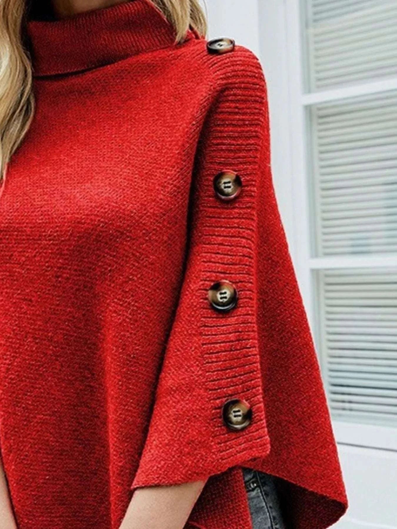 Button-Decor Turtleneck Poncho Pullover WESTCLOSET