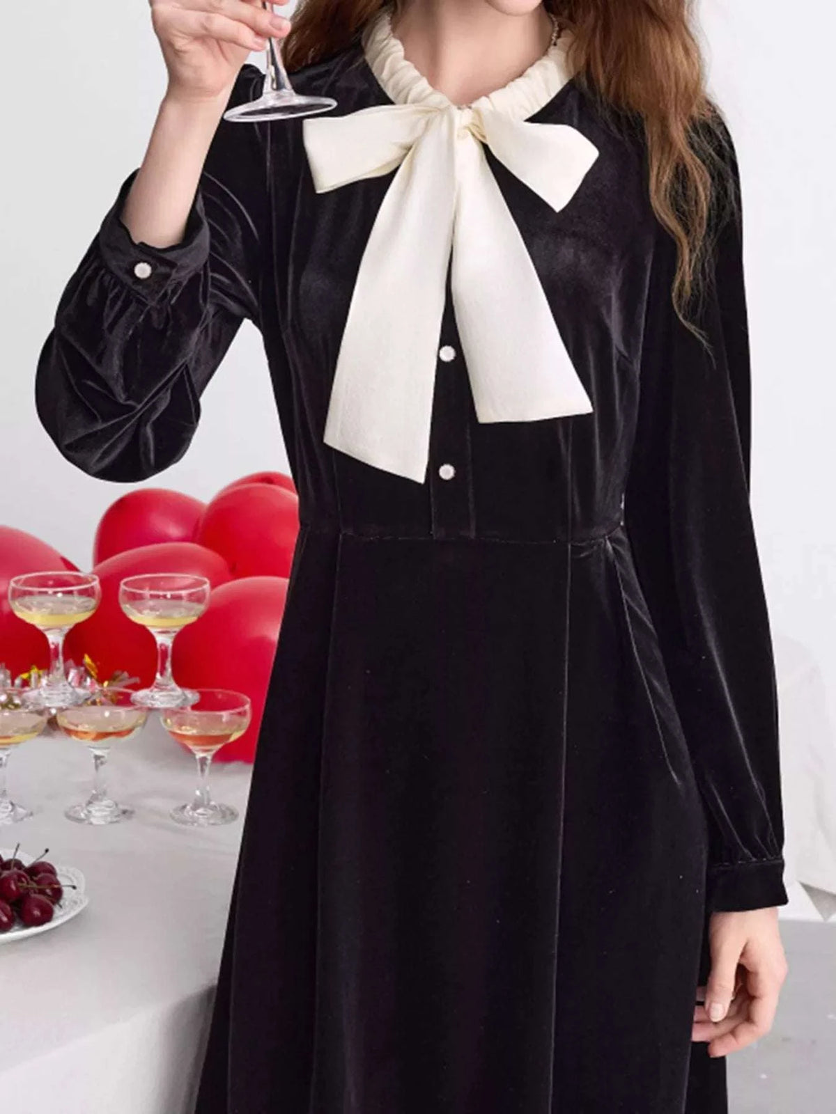 Velvet Bowknot Long Sleeve A-Line Dress WESTCLOSET