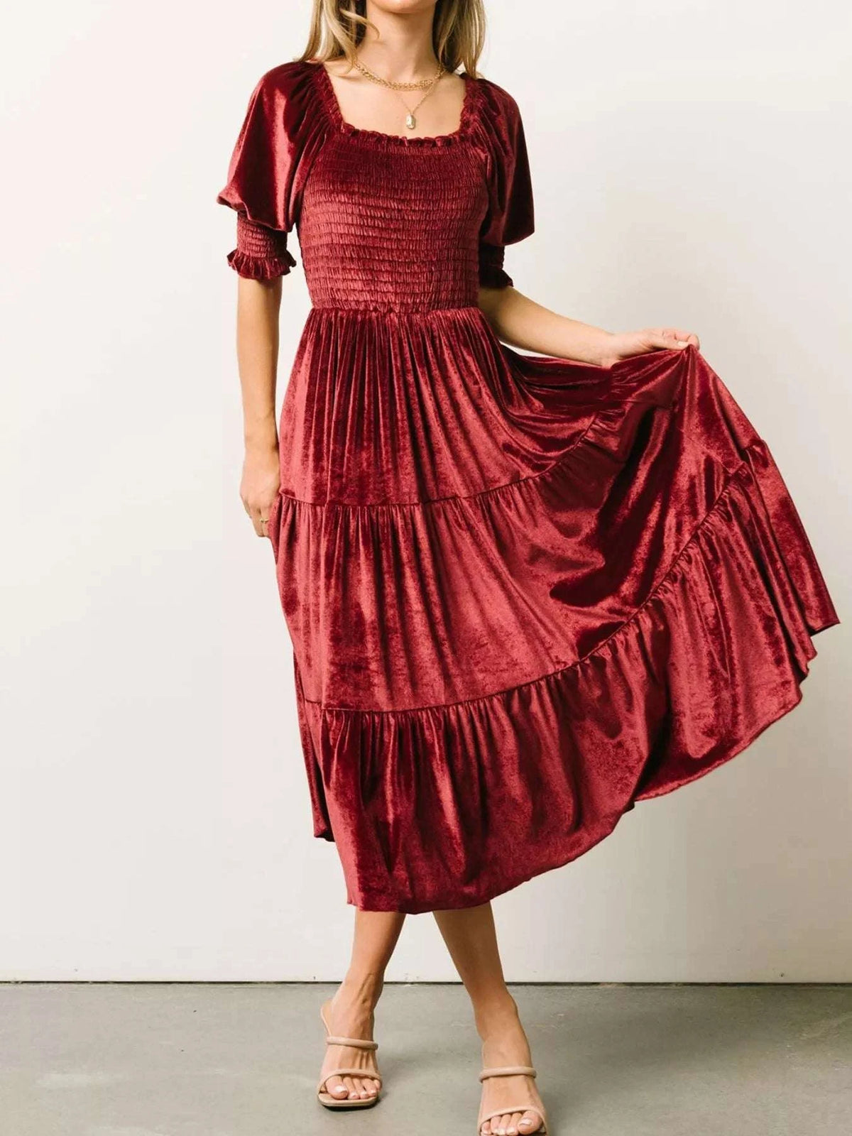 Velvet Smocked Tiered Midi Dress WESTCLOSET