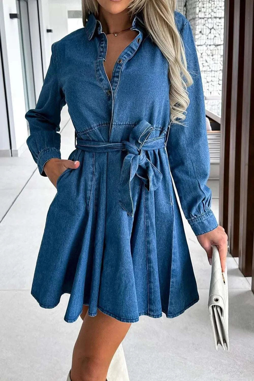 Tied Half Button Long Sleeve Denim Dress WESTCLOSET
