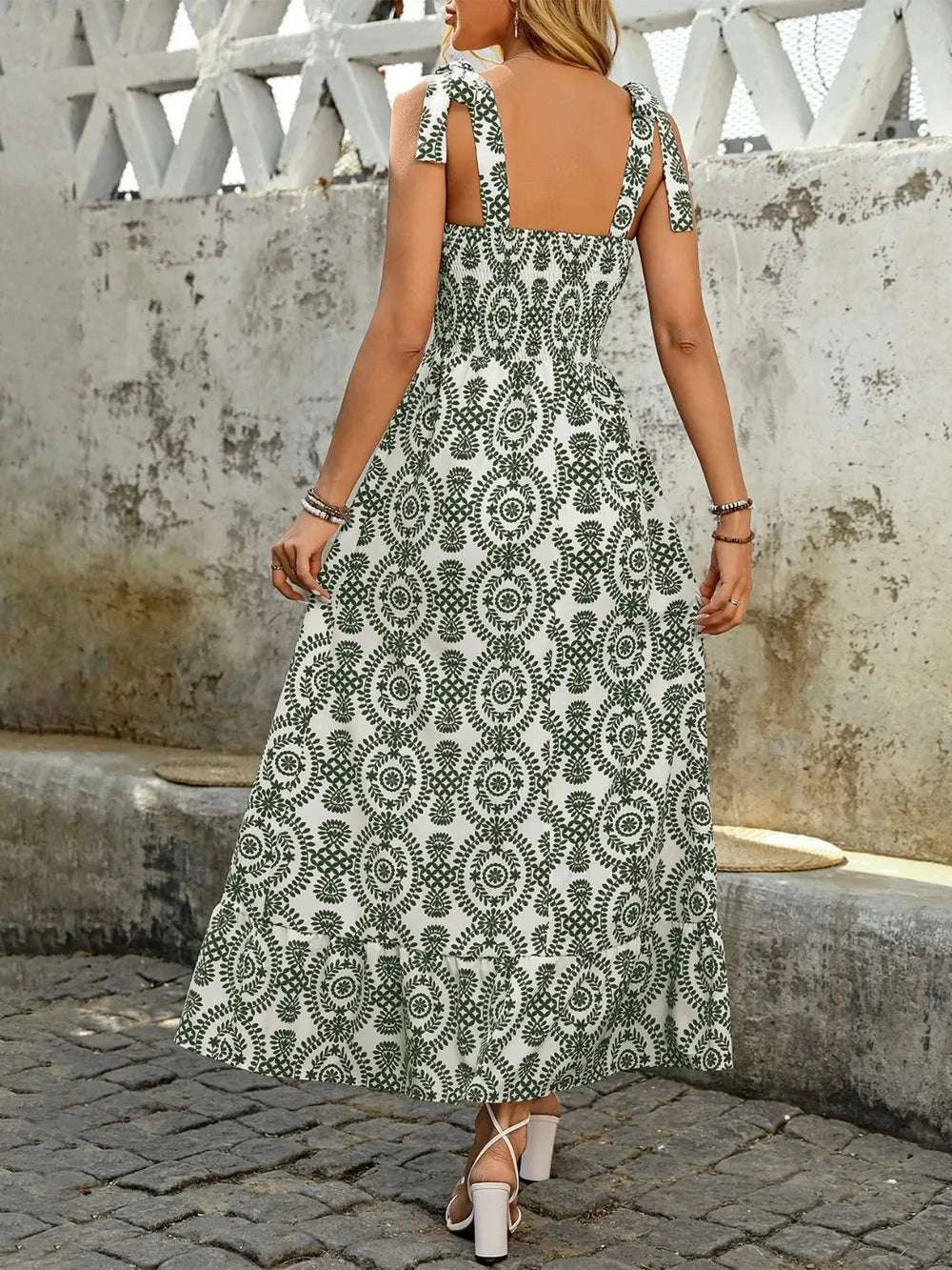 Smocked Slit Printed Tie Shoulder Dress WESTCLOSET