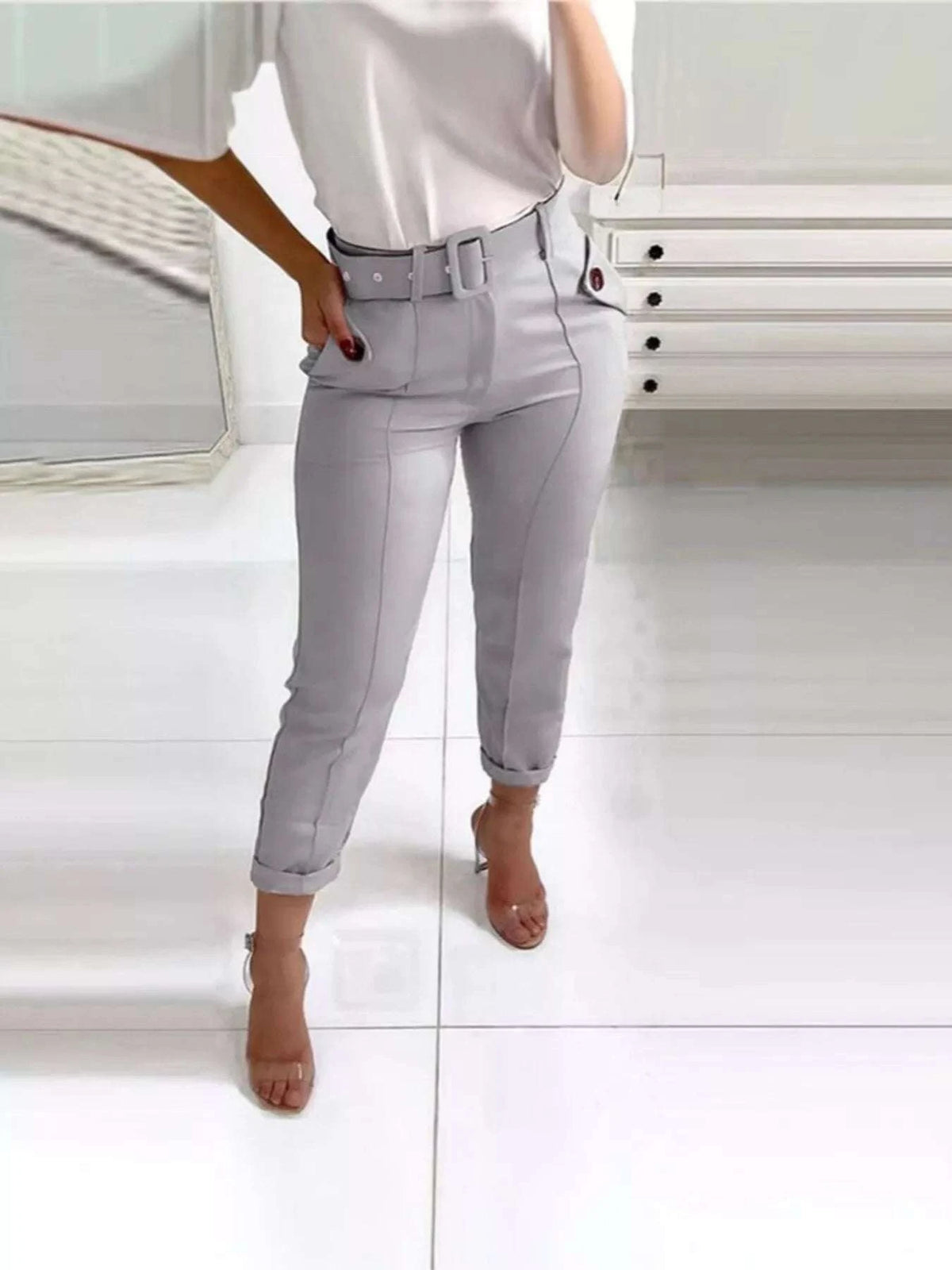 High Waist Belted Slim Fit Ankle Pants WESTCLOSET