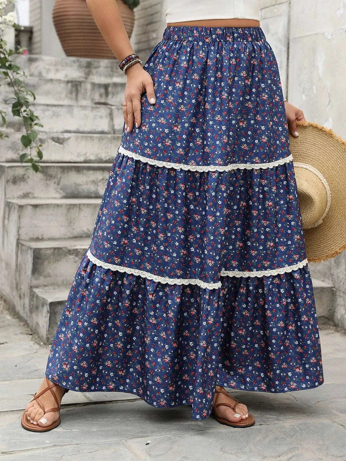 Plus Size Floral Elastic Waist Maxi Skirt WESTCLOSET