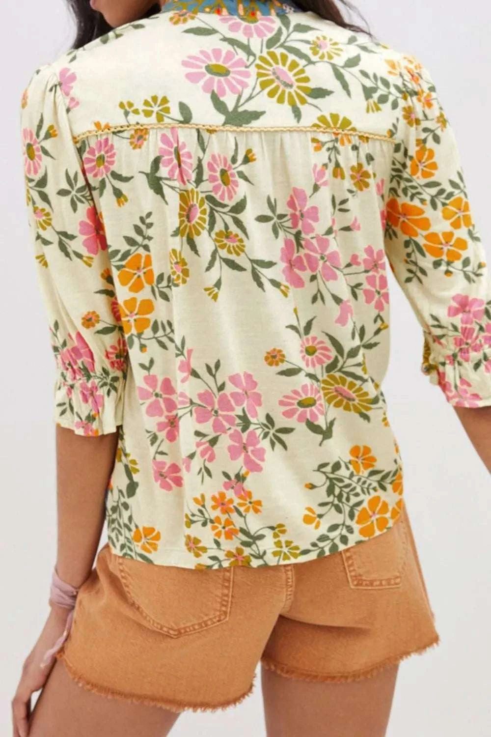 Multicolour Crochet V Neck Half Sleeve Boho Floral Blouse WESTCLOSET