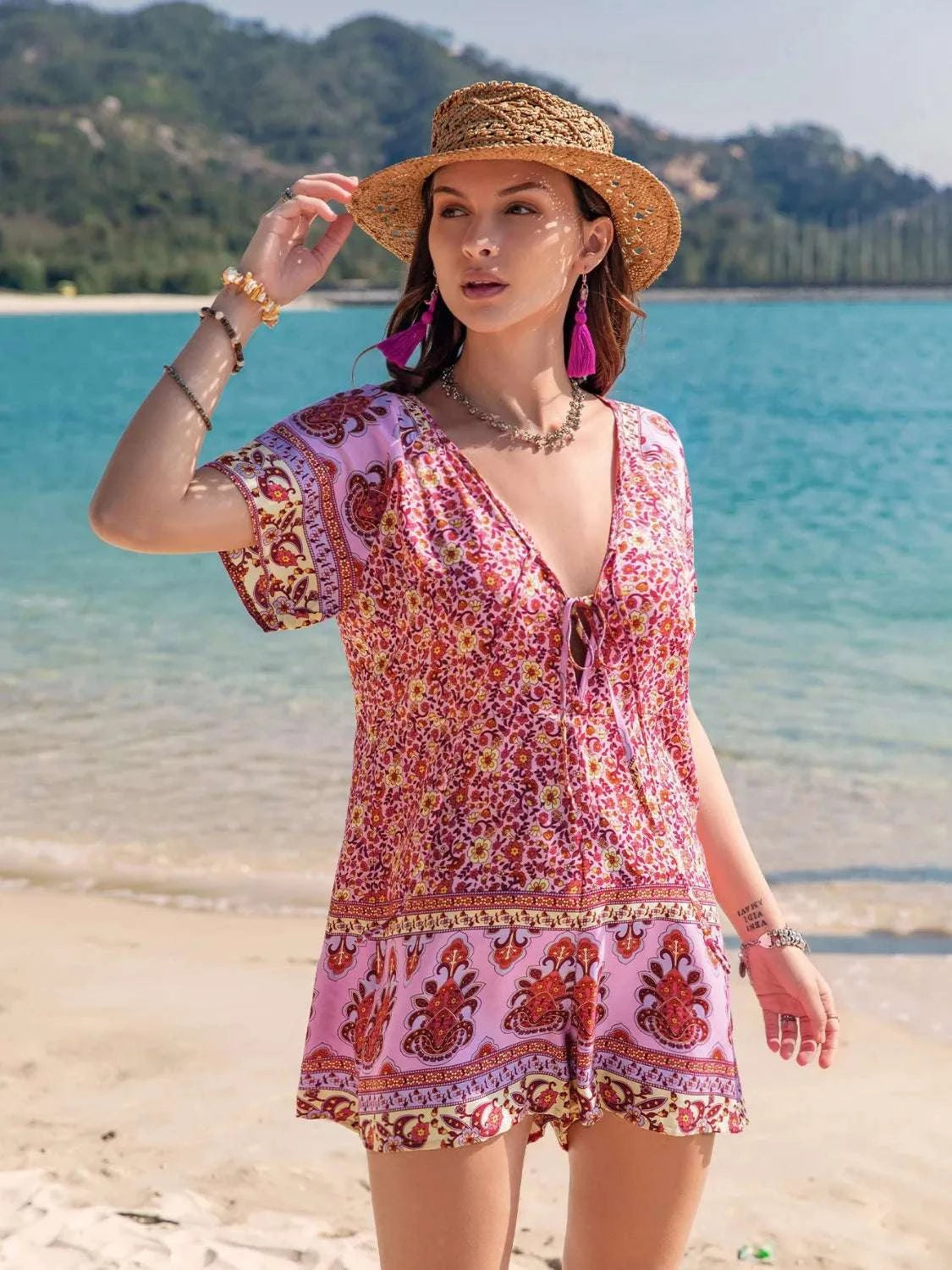 Printed V-Neck Short Sleeve Romper WESTCLOSET