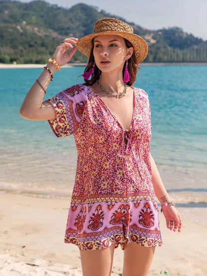 Printed V-Neck Short Sleeve Romper WESTCLOSET