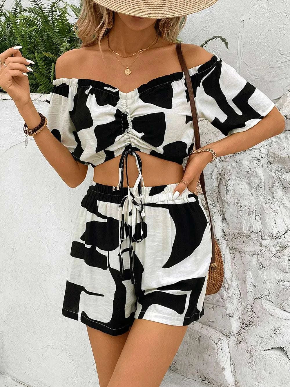 Perfee Drawstring Off-Shoulder Top and Shorts Set WESTCLOSET