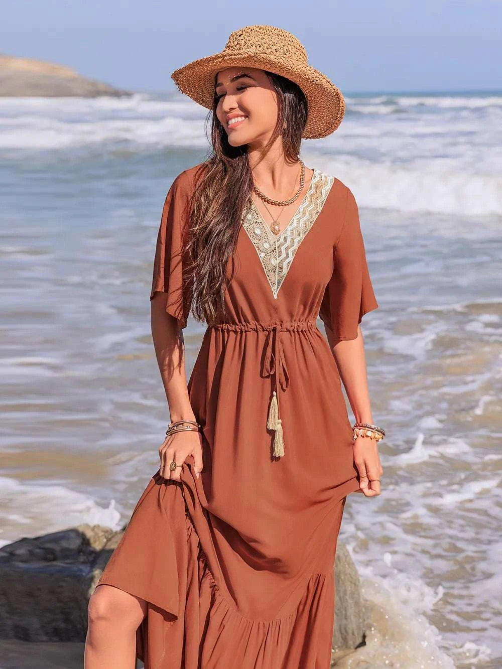 Ruffled Tassel V-Neck Flutter Sleeve Dress WESTCLOSET