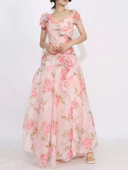 Floral Ruffled Short Sleeve Maxi Dress WESTCLOSET