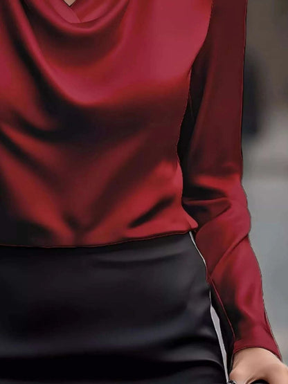 Full Size Satin Cowl Neck Long Sleeve Blouse Plus Size WESTCLOSET