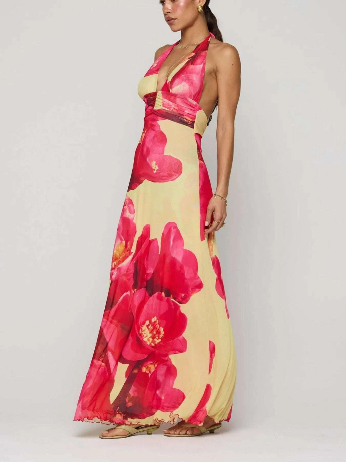 Floral Halter Neck Deep V Maxi Dress WESTCLOSET