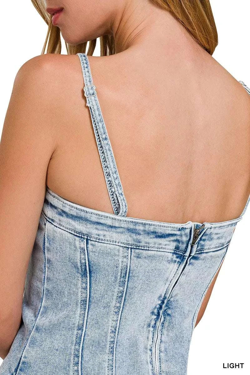 Zenana Spaghetti Strap Exposed Seam Light-Wash Dress WESTCLOSET